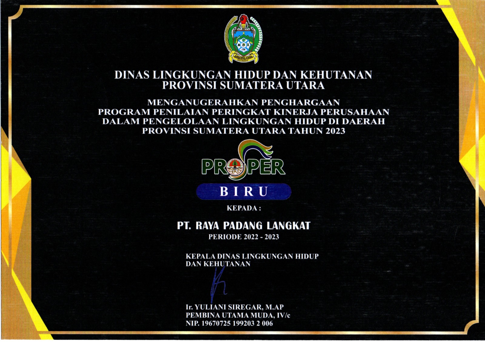 *Sertifikat Penghargaan Proper Biru